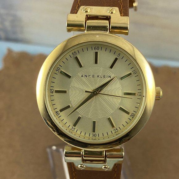 Anne Klein Unisex Gold Tone Watch Brown Strap - Picture 1 of 9